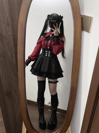 Sweet Gothic Lolita Two Piece Set, Off Shoulder Blouse + High Waist Skirt, Kawaii Tri-color Lace Coord Outfit for Women & Teens