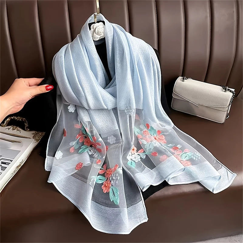 Women Silk Wool Scarf Floral Embroidery Hijab Female Foulard Spring Summer Thin Pashmina Shawls Wraps Bufanda Headscarf Stoles - AMULET RING STORE