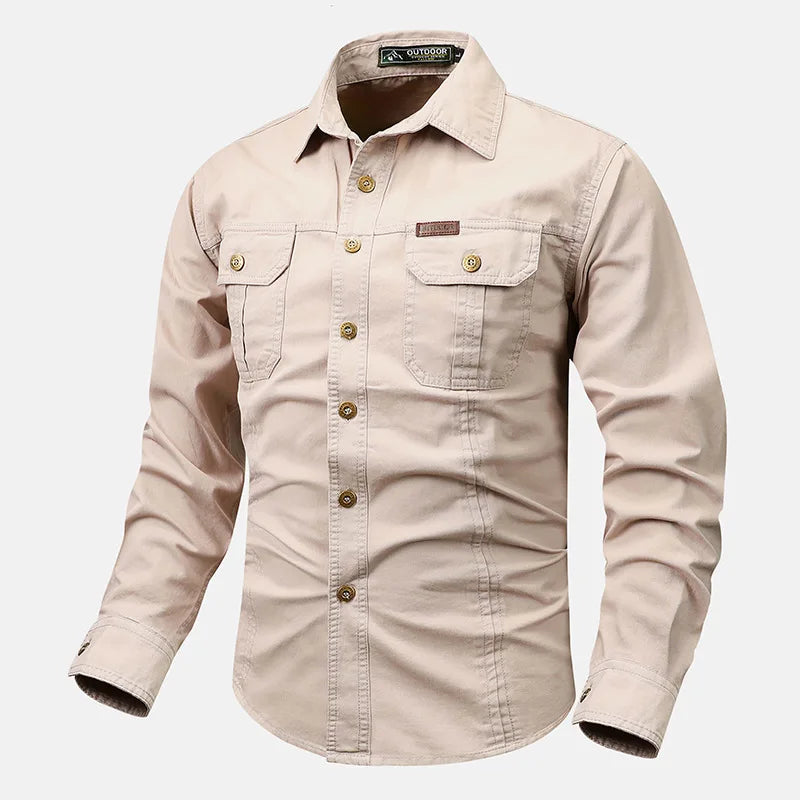 Retro Cargo style Men's Long Sleeve Shirt With Pocket Design, Men'sCasual Button Up Shirt For Spring Fall Qutdoo