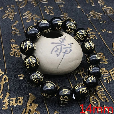 8/10/12/14mm Tibetan Buddhism Six Words Mantra Bracelets For Men Women Black Obsidian Amulet Lucky Bangles Jewelry with Gift Box