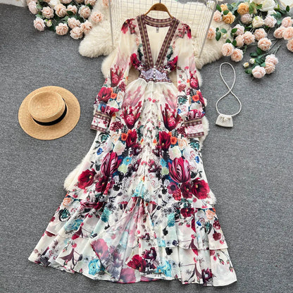 Women Deep V-Neck Bohemian Style Dress Spring Summer Runway Long Sleeve Casual Floral Print Ruffles Sweet Cascading Vestidos