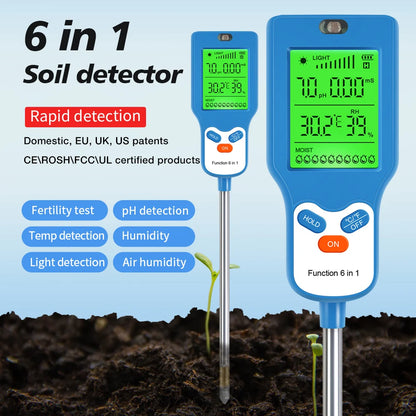 90° Digital 6 in 1 Multifunctional Soil PH Temperature Meter Farm Garden Fertility Moisture Sunlight Humidity Tester Detector - AMULET RING STORE