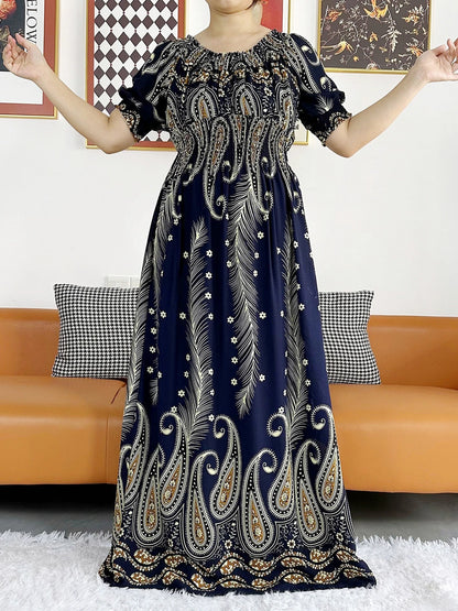 New Summer Women Abaya Short Sleeve Dashiki Floral Collect Waist Loose Maxi Robe Floral Femme Musulmane African Printing Abaya