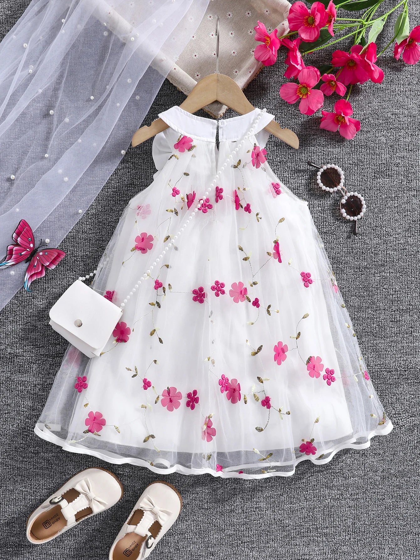 Girls summer fashion lady three-dimensional flower mesh bow decorative halter dress with bag