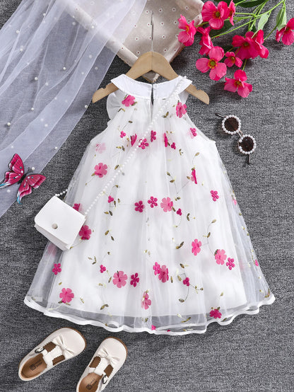 Girls summer fashion lady three-dimensional flower mesh bow decorative halter dress with bag