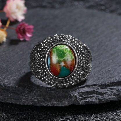 Vintage Natural Emperor Stone Ring S925 Silver Retro Hollow Luxury Fine Jewelry Wedding Gift for Women - AMULET RING STORE