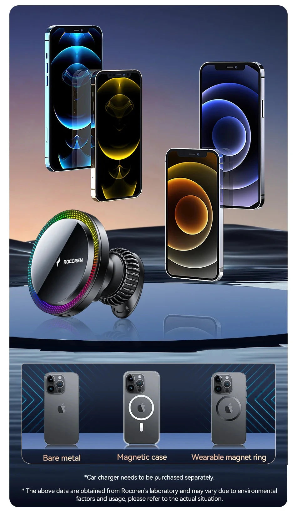 Rocoren Magnetic Car Phone Holder Fast Charging Wireless Charger With RGB light Magnet Car Stander For iPhone 15 14 13 Pro Max