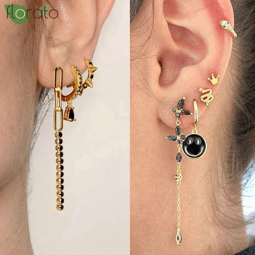 925 Sterling Silver Needle Fashion Round Pendant Small Earrings Luxury Gold Hoop Earrings for Women Premium Black Jewelry Gifts - AMULET RING STORE