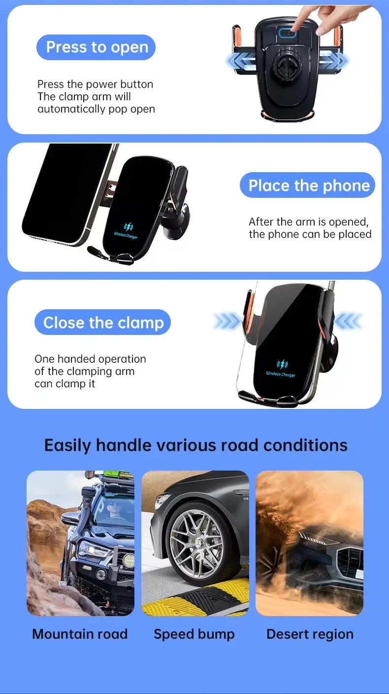 UYUXIO Manual Clamp Wireless Car Charger 15 Fast Charging Air Vent Car Mount Phone Holder for iPhone Samsung Android Phone