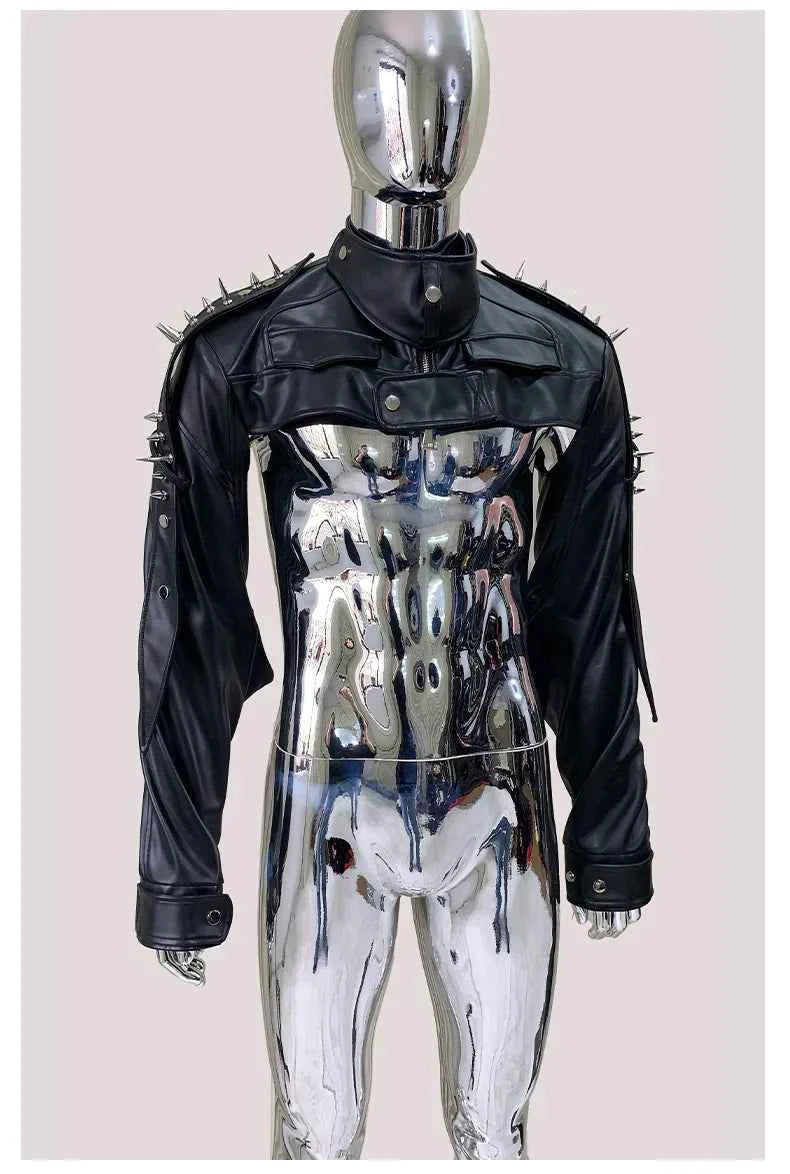 Mauroicardi Spring Autumn Cool Black Cropped Faux Leather Jacket Men Rivet Long Sleeve Zip Up Luxury Punk Style Emo Clothes 2025