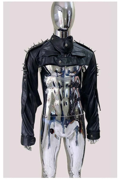 Mauroicardi Spring Autumn Cool Black Cropped Faux Leather Jacket Men Rivet Long Sleeve Zip Up Luxury Punk Style Emo Clothes 2025