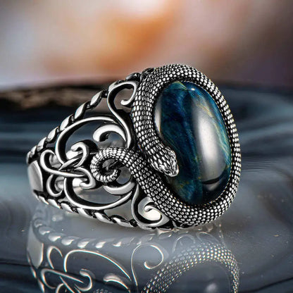 New Authentic Sterling Silver Antique Turkish Snake Ring And Blue Tiger Eye Stone Men's Colorful Punk Rock Jewelry