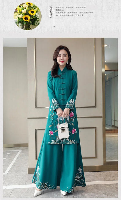 Long Ethnic Style Cheongsam Set Spring and Autumn Drop Feel Wide Leg Pants Mom Retro Slim Straight Tube Embroidery Two Piece Set
