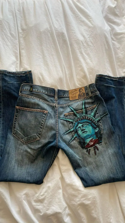 Y2k 2000s Statue of liberty Diamonds Denim Pants High Waist Straight Women Casual Wide Leg Jeans Harajuku Vintage Women Clothing - AMULET RING STORE