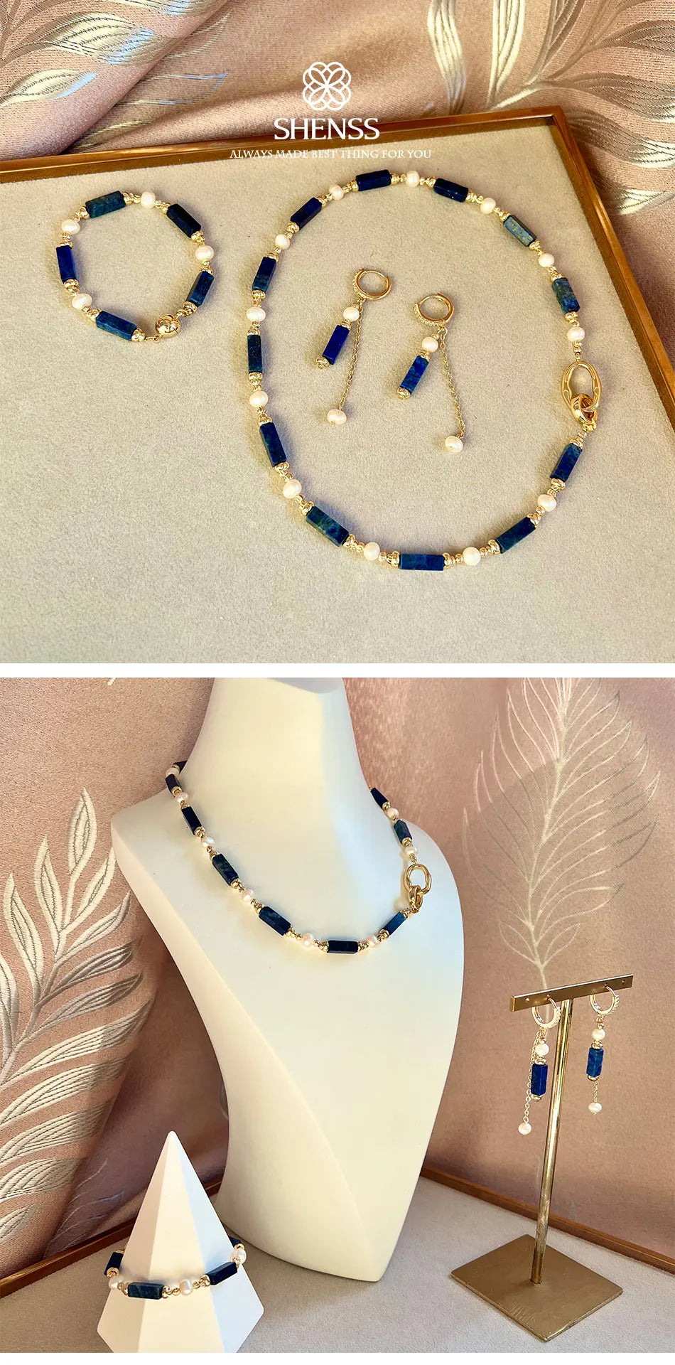 Exclusive Design Personalized Natural Freshwater Pearl Lapis lazuli Necklace Bracelet Earrings Copper Plated 14k Gold Accessorie