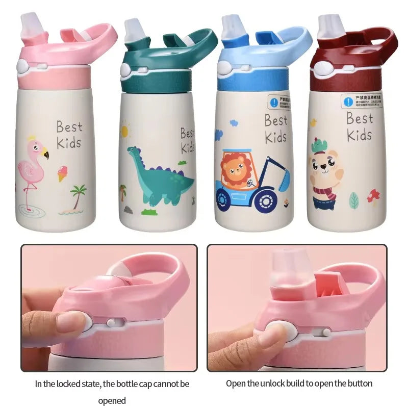 400ML Kids Water Bottle Cartoon Animal Thermos Mug Baby Duck Billed Straw 316 Stainless Steel Vacuum Flasks Thermos Bottle - AMULET RING STORE