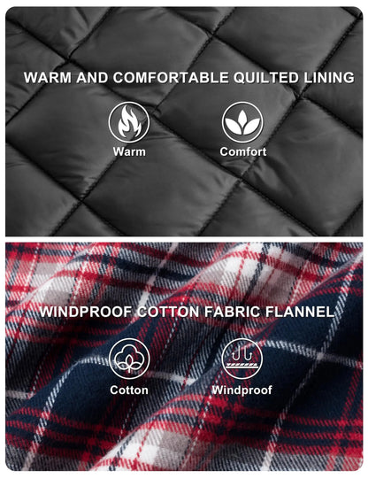 TACVASEN Winter Plaid Cotton Jackets Mens Long Sleeve Quilted Lined Flannel Shirt Jacket Multi-Pockets Outwear Hiking Coats Tops