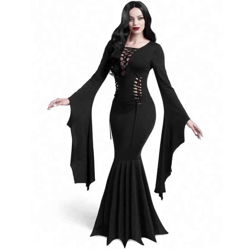 Plus Size Women Fashion Halloween Slimming Long Sleeve  Dress Ladies Sexy Bat Sleeve Fishtail Dress Women's Witch Party Dress