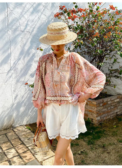 Boho Flrench Chic Floral Blouse Shirt Printed Summer Loose Lace Hollow Out Sexy Ladies Vocation Women Long Sleeve Top Shirts New