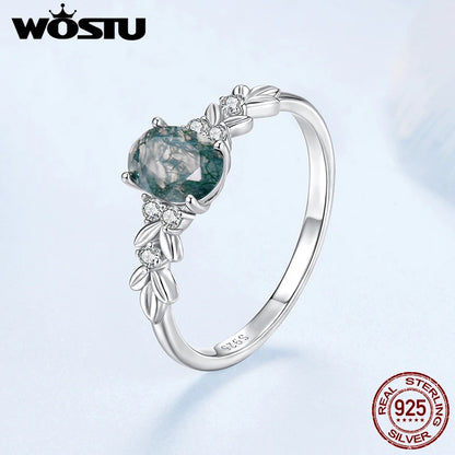 WOSTU Natural Moss Agate Ring For Women  925 Sterling Silver Oval Cut Sea Grass Agate Flower Rings Wedding Party Jewelry Gift