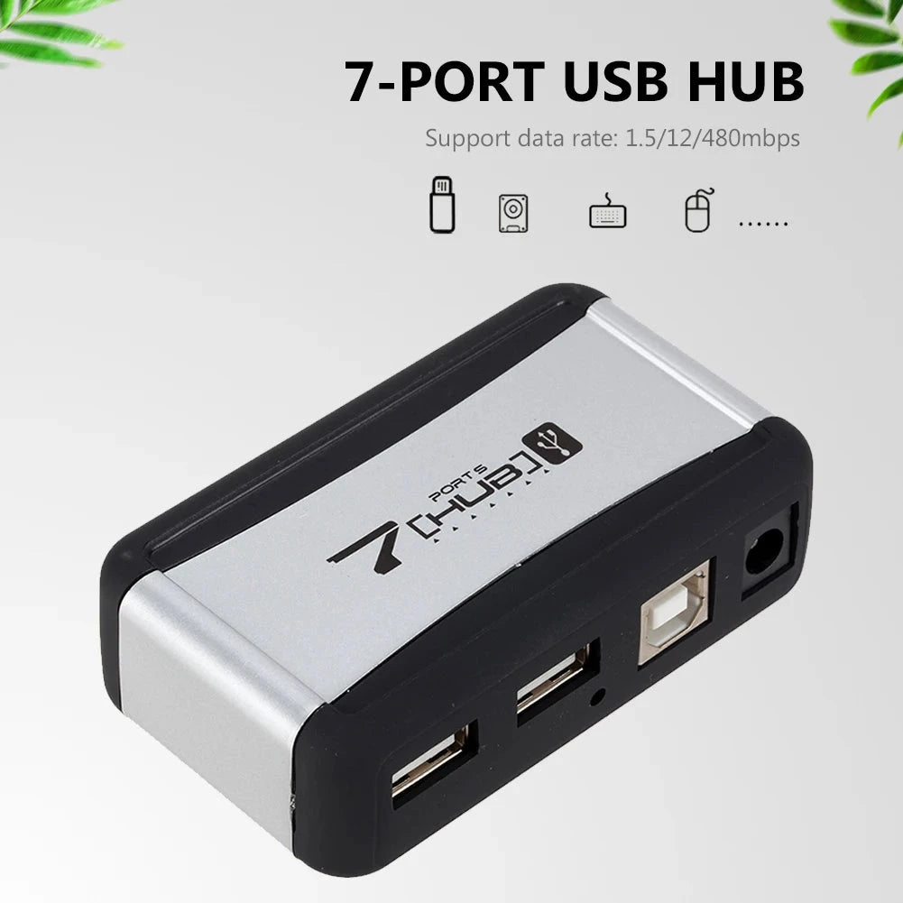 Vertical 7-Port USB 2.0 Hub Multi USB Splitter with Power Adapter PC Accessories