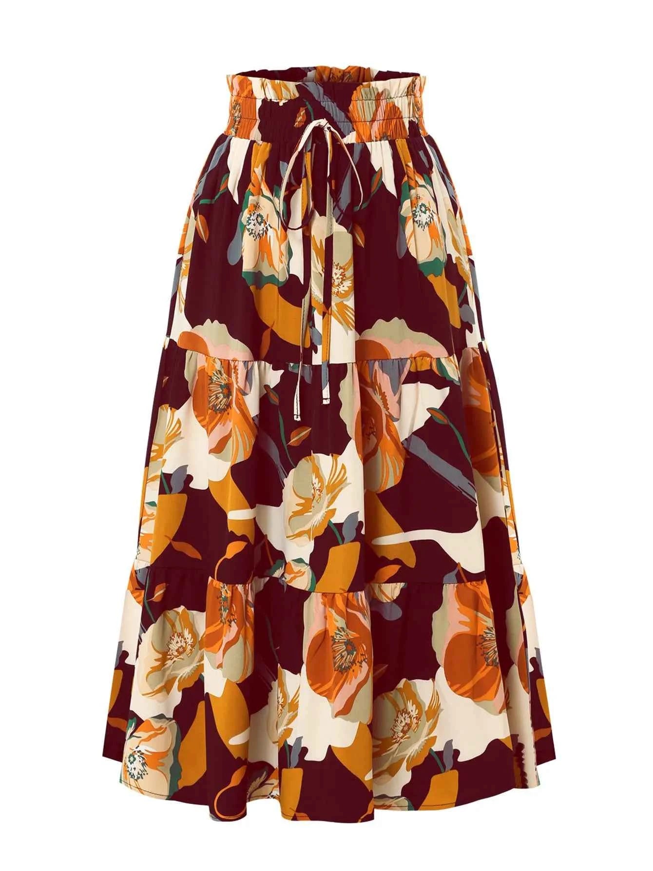 Women Floral Print Elastic Waist Pleated Skirt Multiple Colors All-match Lady Skirt