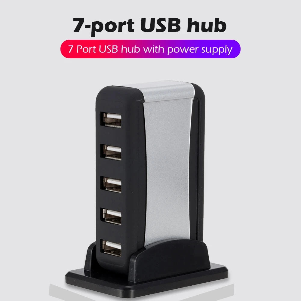 Vertical 7-Port USB 2.0 Hub Multi USB Splitter with Power Adapter PC Accessories