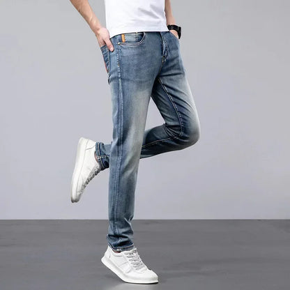 2024 Summer Lightweight Luxury European Style Jeans Men's Slim Fit Casual Long Pants Trendy High End Brand