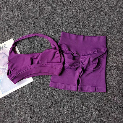 2 Pieces Yoga Suit for Women Seamless Fitness Gym Clothes Halter Sports Bra Matching Impact Shorts Workout Sets Gym Outfit