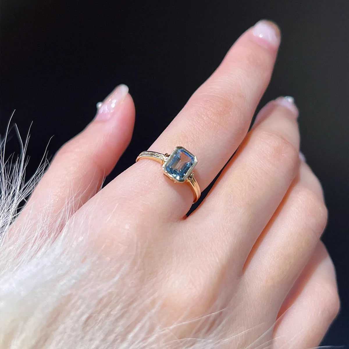 Refined S925 Sterling Silver Gold Plated Casual Aquamarine Ring For Women Rectangular Material Easiest For Match