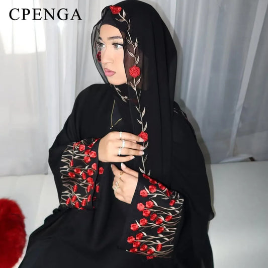 Luxury Embroidered Sleeve Cardigan for Muslim Women Ramadan Modest Abaya Dress with Hijab Elegant Islamic Party Turkish Outfit