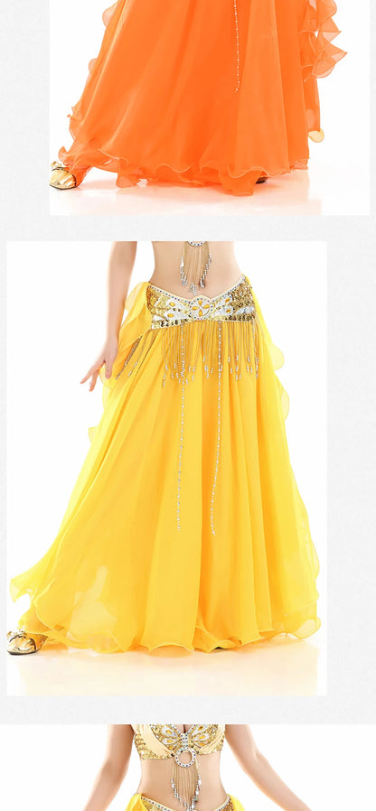 Belly Dance Skirt Chiffon Skirts Double Slit Ear Gauze Skirt High Slit Skirt For Adult Women Performance Practice Clothings