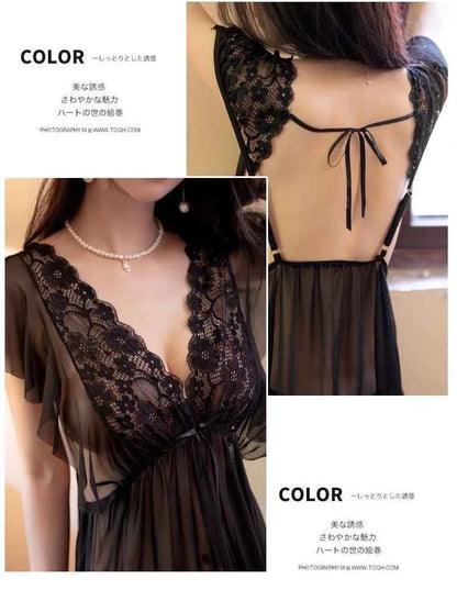 Sexy Sleepwear Women V-neck Nightgown Sexy Nightdress Lace Mesh Pajama Loungewear Summer Dress Nightwear Night Wear