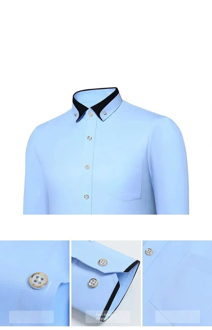 4XL Stand Up Collar Long Sleeve Shirt for Men Social Camisa Anti-wrinkle Pockets with Diamond Button Down White Shirt Black Blue