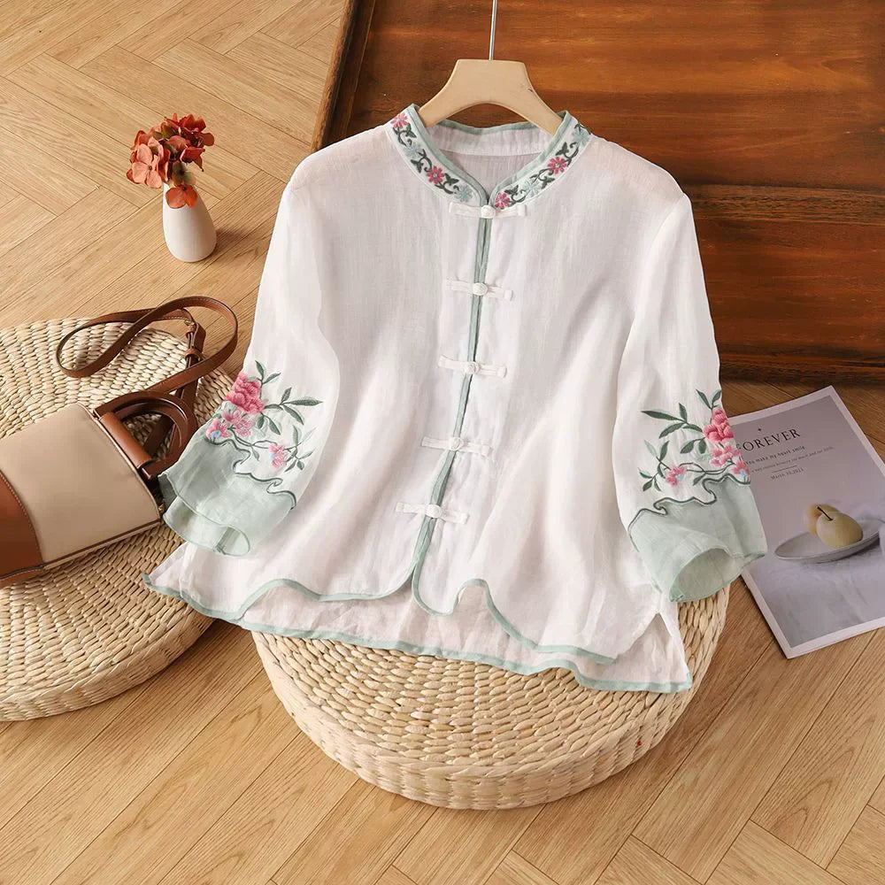 Casual Loose Blouse Shirt Women Clothes Summer Cotton Linen Ladies Tops Tee Blusas Vintage Embroidery Woman Shirt Camiseta Mujer