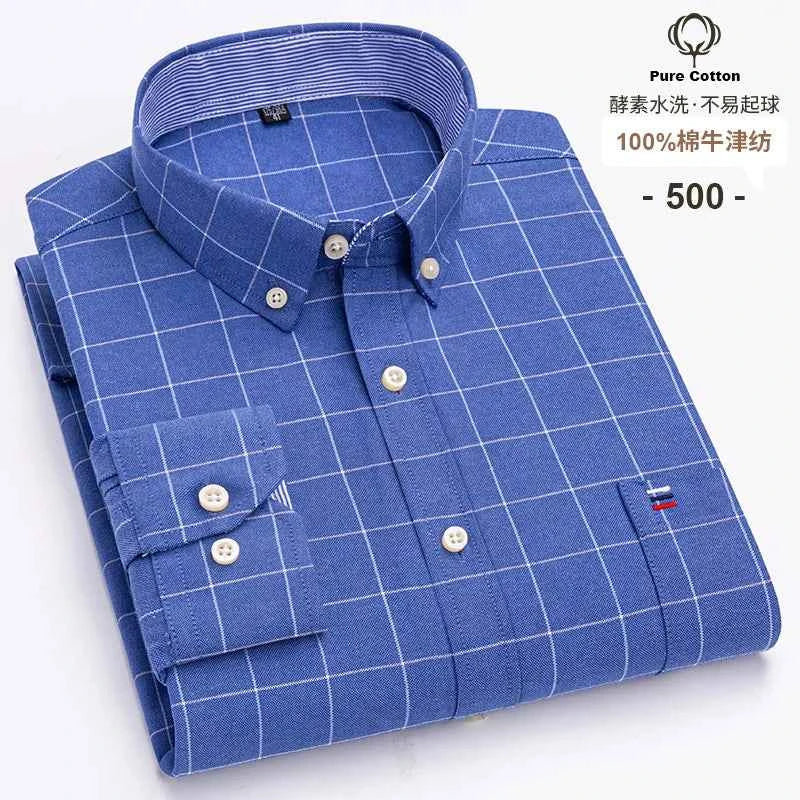 100% Cotton Oxford Men's Shirts Long Sleeves Plaid Soft Regular Fit Formal Dress Shirt Pocket Social Blouse Male Clothes S-7XL