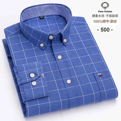 100% Cotton Oxford Men's Shirts Long Sleeves Plaid Soft Regular Fit Formal Dress Shirt Pocket Social Blouse Male Clothes S-7XL