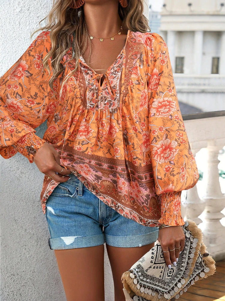 2024 Summer Fashion New Women's Elegant Casual Printed V-neck Shirt with Bubble Sleeves and Loose Commuting Style Top - AMULET RING STORE