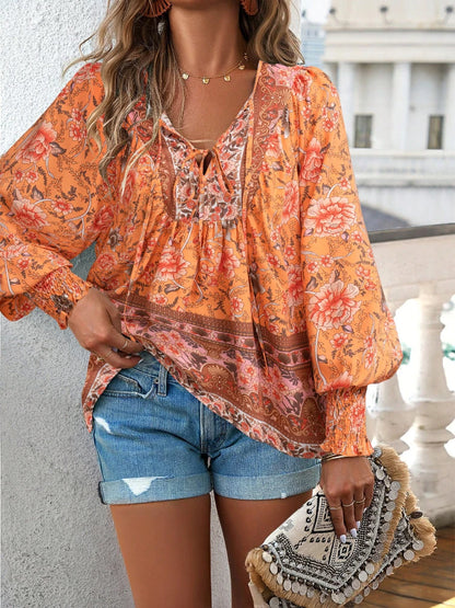 2024 Summer Fashion New Women's Elegant Casual Printed V-neck Shirt with Bubble Sleeves and Loose Commuting Style Top - AMULET RING STORE