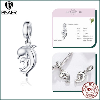 BISAER 925 Sterling Silver Charm Ocean Style Fish Dolphin Mermaid Shell Blue CZ Bead For Necklace&Bracelet DIY Fine Jewelry Gift - AMULET RING STORE