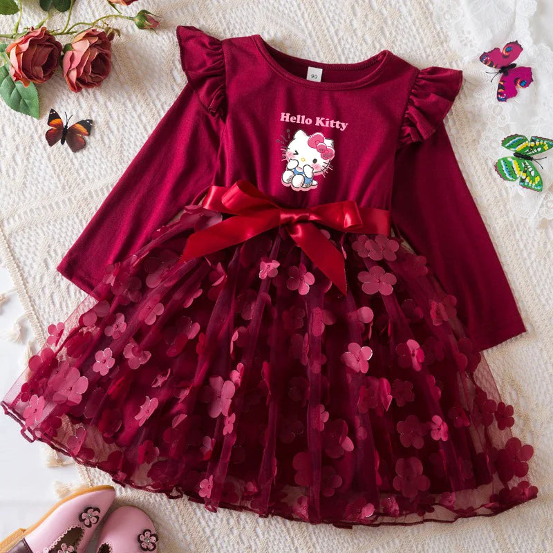 Hello Kitty Autumn Dress for Kid's Casual Clothes 3D Butterfly Cute Long Sleeve Baby Girls Princess Dress Party Dresses 2-6 Yrs