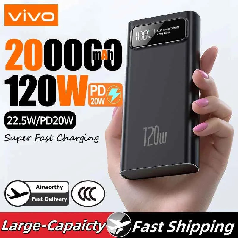 VIVO 200000mAh LED Digital Display Power Bank High Capacity 120W Super Fast Charging Portable External Battery For IPhone New