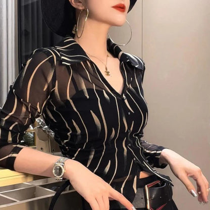 Female Crop Tops Striped Transparent Black Summer Full Long Sleeve Sexy Button Up Women's Shirt and Blouse See-through Chic M Xl