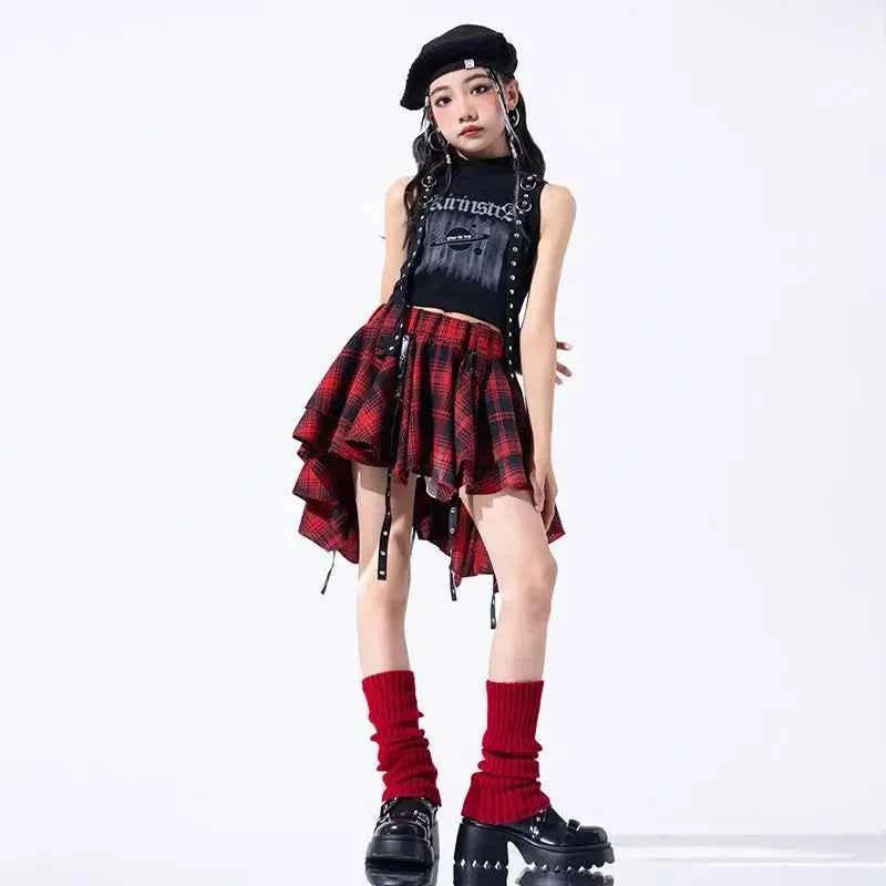 Hip Hop Girls Crop Top Plaid Street Dance Skirt Kids Ribbon Pleated Skirts Teens Jazz Cool Costumes Child Streetwear Clothes Set