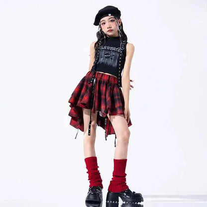 Hip Hop Girls Crop Top Plaid Street Dance Skirt Kids Ribbon Pleated Skirts Teens Jazz Cool Costumes Child Streetwear Clothes Set