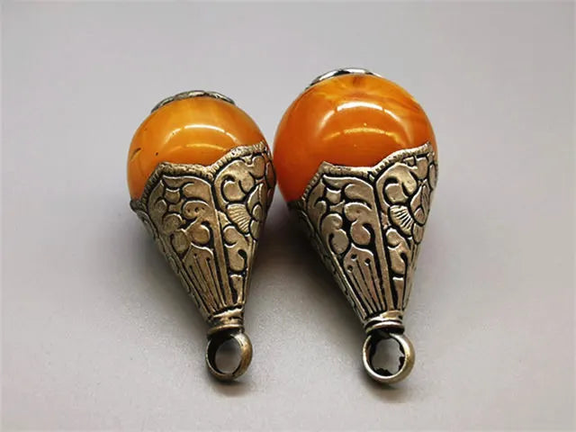 Nepal Hand Vintage Pendants Big Pearl Copper Capped Amber TBP333