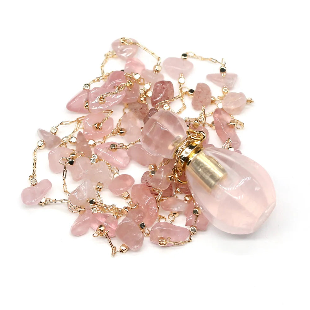 Natural Stone Rose Quartz Perfume Bottle Essential Oil Diffuser Reiki Healing Exquisite Necklace Jewelry Gift - AMULET RING STORE