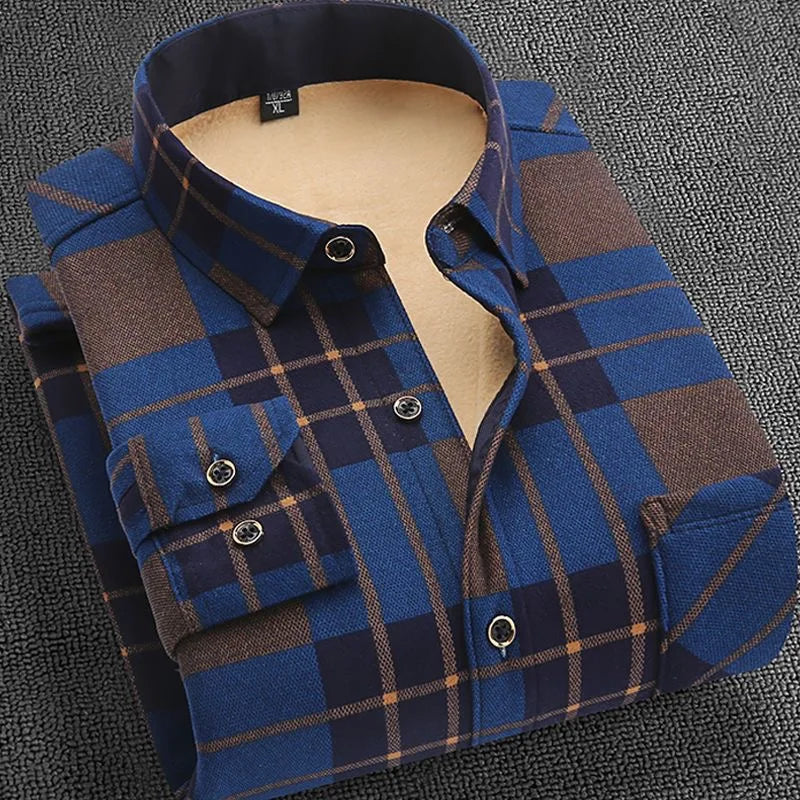 2023 Autumn and Winter New Fashion Trend Plaid Shirt Men's Casual Comfort Plus Fleece Thick Warm High Quality Long Sleeve Shirt