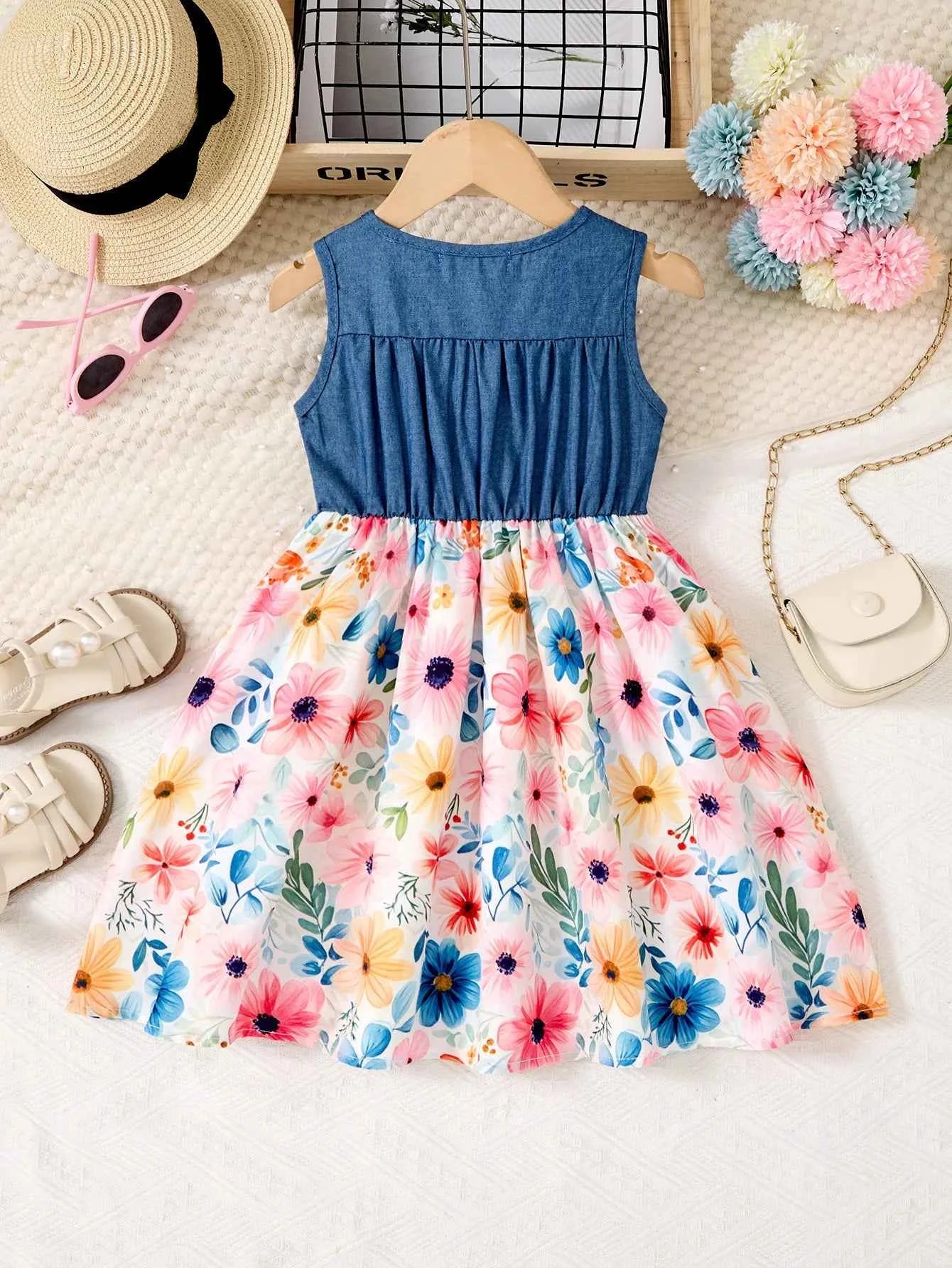New Kids Girl Dress Summer Floral with Bow Fashion White Vestidos Short Sleeve Children Clothing Outfits Casual Printed  Dresses