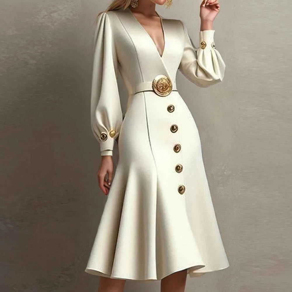 Women's Elegant Business Dress Solid V-Neck Gold Button Puff Long Sleeve British High Waist Pleated Autumn Midi Vacation Dresses
